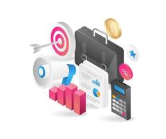 Flat isometric 3d illustration business development analysis campaign vector