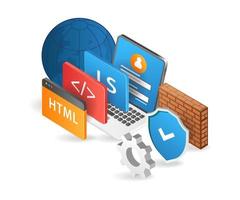 Flat isometric 3d illustration of secure programming language for web application developer vector