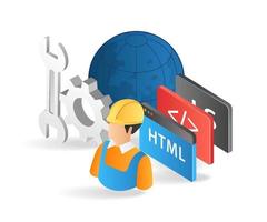 Flat isometric 3d illustration of a web application developer and maintainer vector