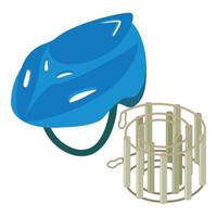 Cyclist equipment icon isometric vector. Blue bicycle helmet and caving ladder vector