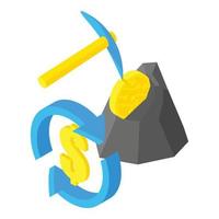 Cryptocurrency mining icon isometric vector. Pickaxe mines coin in the mountain vector