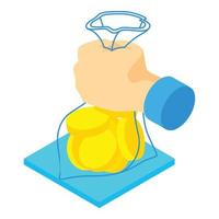 Transparency icon isometric vector. Transparent bag of gold coin in the hand vector