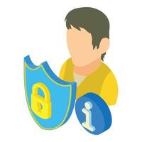 Information protection icon isometric vector. Man shield lock and info sign vector