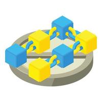 Blockchain technology icon isometric vector. Block chain yellow and blue color vector