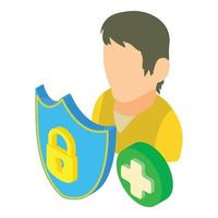 Privacy protection icon isometric vector. Man shield lock and plus sign vector