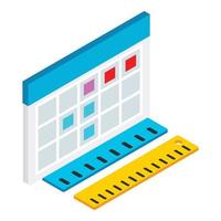 icono de equipo de oficina vector isométrico. calendario de escritorio y dos iconos de regla