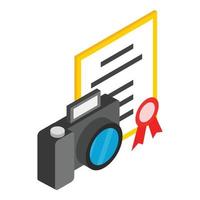 concepto de fotografía icono vector isométrico. cámara de fotos y documento con sello