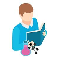 Self education icon isometric vector. Man reading book laboratory flask molecule vector