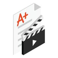 icono de cinematografía vector isométrico. tablero de claqueta de cine abierto y hoja de papel