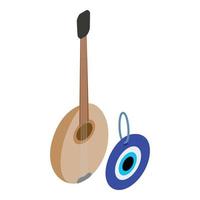 pavo atributo icono vector isométrico. saz turco y ojo azul talismán