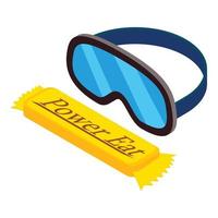 Snowboarder accessory icon isometric vector. Snowboard goggles and energy bar vector