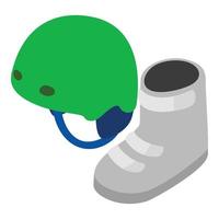 Snowboarder equipment icon isometric vector. Snowboard boot and safety helmet vector