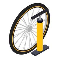 vector isométrico del icono de la bomba de bicicleta. rueda de bicicleta y bomba de aire de bicicleta de mano amarilla