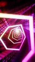 Flying through a triangular tunnel with neon lights. Vertical looped video