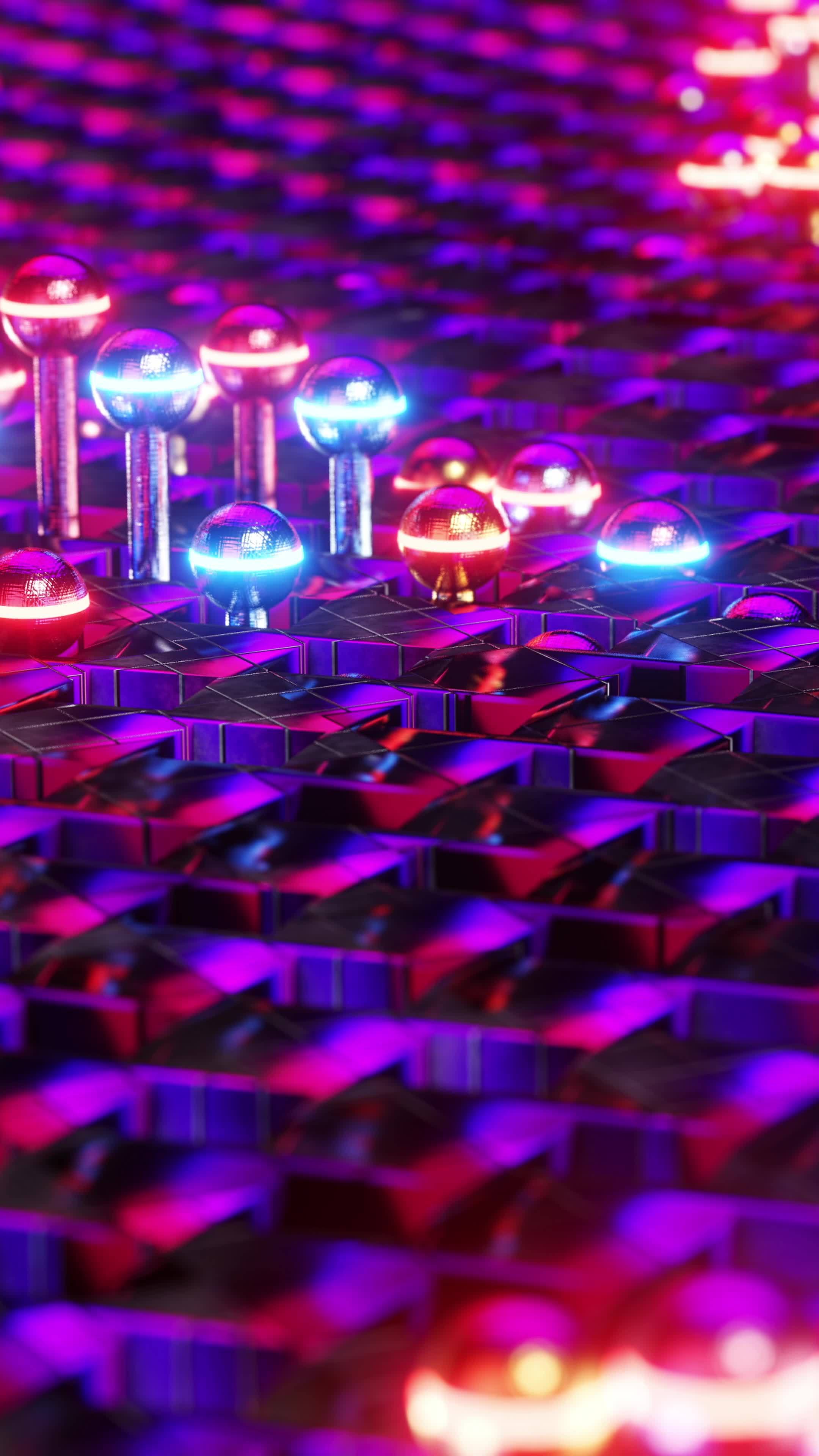 Luminous red spheres moving in waves. Vertical looped video 15882354