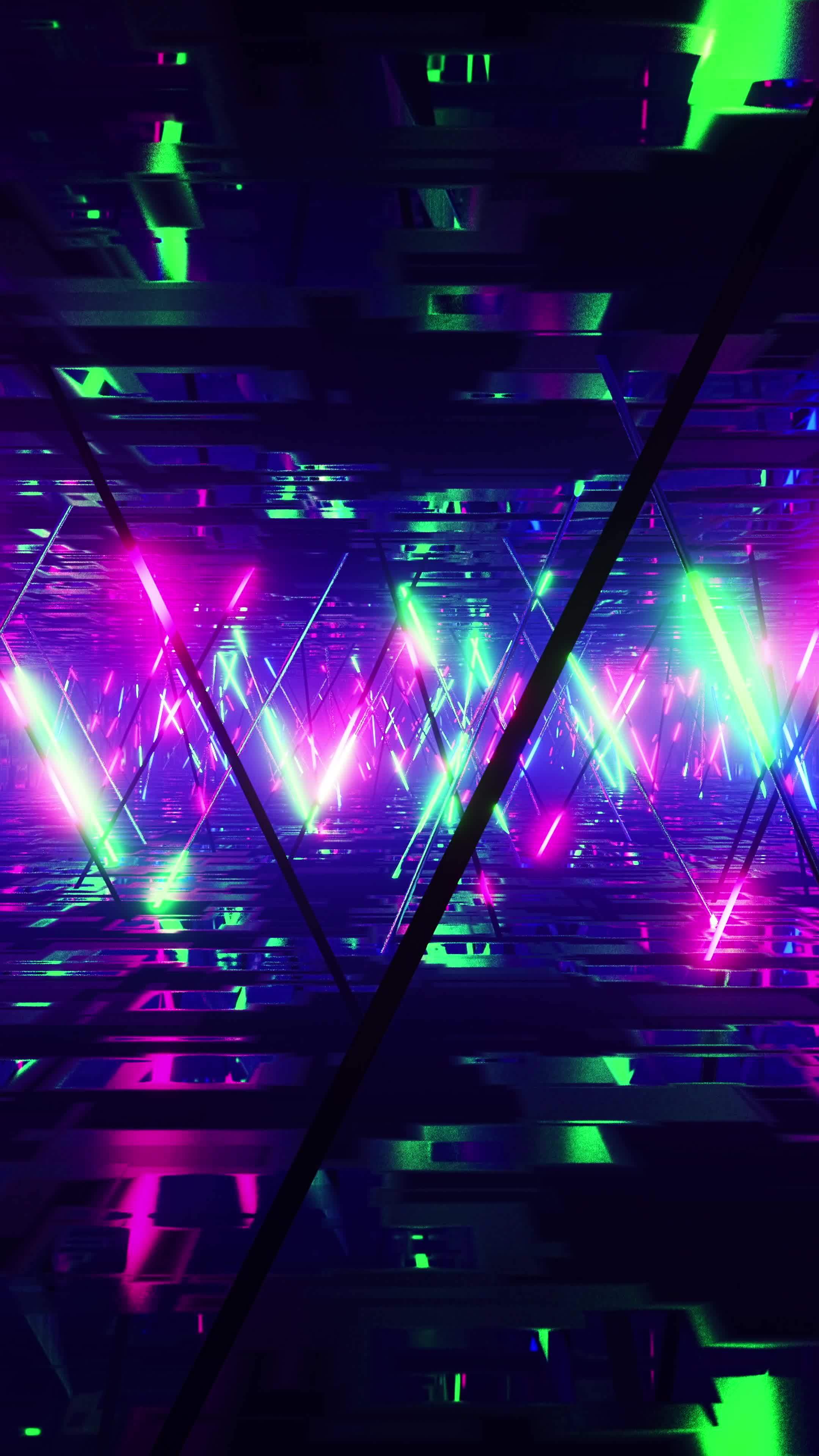 Flying down a corridor with multicolored flashing fluorescent lights