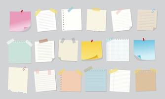 Note paper with pin, push pin, adhesive tape and tack. Blank sheet, sticky note, torn piece of paper and notebook page vector illustration. Templates for a note message