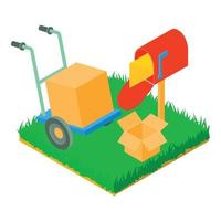 Postal service icon isometric vector. Letter in postbox box in hand truck vector