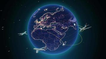 Terra giratória com linhas de luz crescendo das principais cidades de todo o mundo com aviões. loopable. video