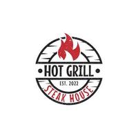 Rustic Hot grill steak house logo design, bar and grill vector illustration, best for food restaurant sign symbol