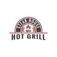 Hot Grill Steak house rustic logo emblem, Vintage Retro barbecue Grill vector illustration symbol