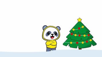 animierte illustration von panda trägt einen hoodie, wenn es schneit weihnachtsferien in gekritzelkunst, geeignet für urlaubsinhalte, kostenloses video