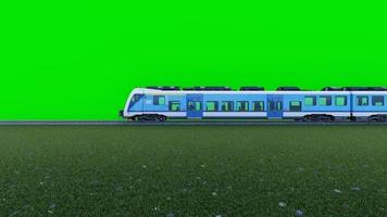 Animated video of a train running against a backdrop of grass and a green screen