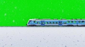 video animazione di un' in esecuzione treno con nevicata e verde schermo sfondo