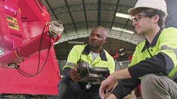 l'équipe masculine d'ingénieurs de production discute, teste et contrôle le bras robotique dans l'usine de fabrication mécanique, les machines automatiques intelligentes dans les entreprises industrielles et l'innovation technologique futuriste. video