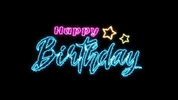 Happy Birthday Animation. pink and blue glowing neon smooth motion. with star decorations. glowing neon line inscription clip. greeting card templates video
