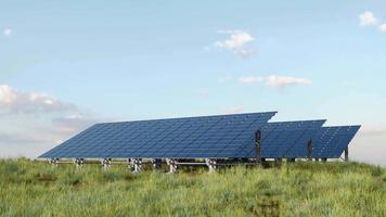 Solar panels in grassy field. 3D animation render video