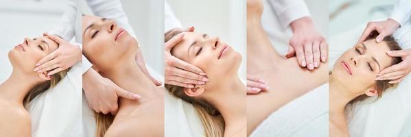 Beautiful image collage of young nice woman having face massage in spa photo