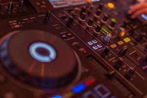 Closeup of dj controller with selective focus. Artistic macro shot of mixer. Modern DJ photo
