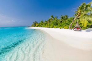 Exotic paradise. Travel, tourism and vacations concept. Palms on tropical beach landscape, luxury resort and infinity blue sea, Maldives island. Amazing, wonderful scenery, summer beach background photo