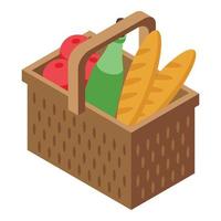 Full picnic basket icon isometric vector. Wicker fruit basket vector