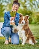 Chocolate White Border Collie with woman owner photo