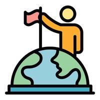 Man puts a flag on a globe icon color outline vector