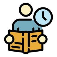 hombre con un libro y un vector de contorno de color de icono de reloj