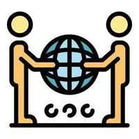 Two are holding a globe icon color outline vector