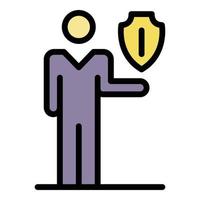 Man and shield over palm icon color outline vector