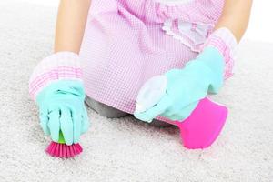 Woman cleaning stains on a carpet photo