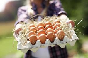 mujer joven con huevos orgánicos frescos foto