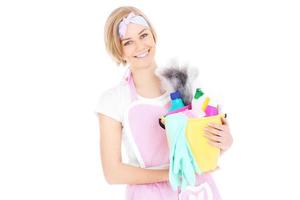 Happy woman with cleaning equipment photo