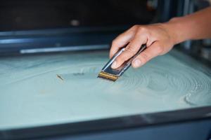 Young woman cleaning oven in the kitchen photo