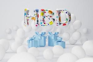 representación 3d texto colorido hbd, caja de regalo azul y globos blancos, composición sobre fondo blanco. diseño para fondo de cumpleaños. foto