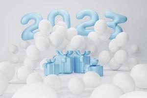 representación 3d texto azul número 2023, caja de regalo y composición de globos blancos sobre fondo blanco. diseño para el fondo de feliz año nuevo. foto