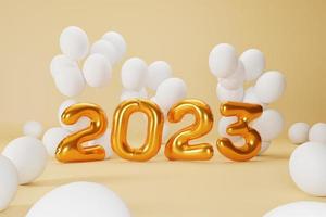 representación 3d texto dorado número 2023 y composición de globos blancos sobre fondo naranja. diseño para el fondo de feliz año nuevo. foto