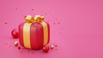 Red gift box and Christmas ball baubles with falling golden confetti on a pink background. Xmas and Happy New Year, Birthday,  Valentine's Day,  Wedding. 3D rendering. photo