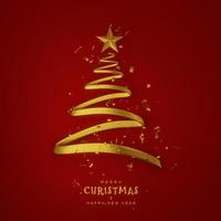 Xmas tree made of golden ribbon and glitter gold confetti with a golden star on a red background. Merry Christmas and Happy new year banner, poster and greeting cards. 3D rendering. photo