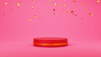 Red and golden stage podium with falling golden confetti on a red background. Christmas and Happy new year. 3d rendering. photo